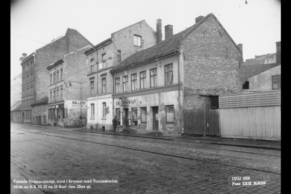 Vognmannsgata i 1958. Fotograf: Erik Næss. Fra arkivet etter Tunnelbanekontoret (A-40209/Uea/0002/018).