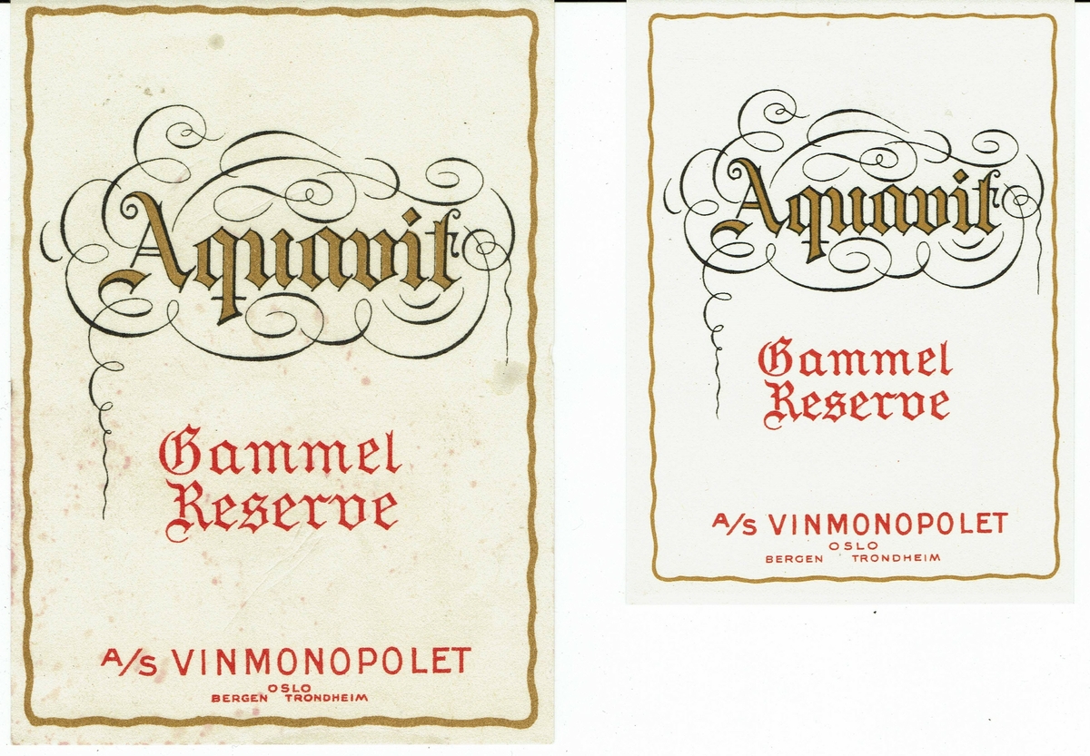 Aquavit Gammel Reserve. AS Vinmonopolet Oslo, Bergen ...